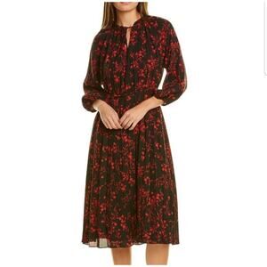 Nanette Lepore Chiffon Midi V Neck Pleated Midi Dress, Black Red Florals, Size 8